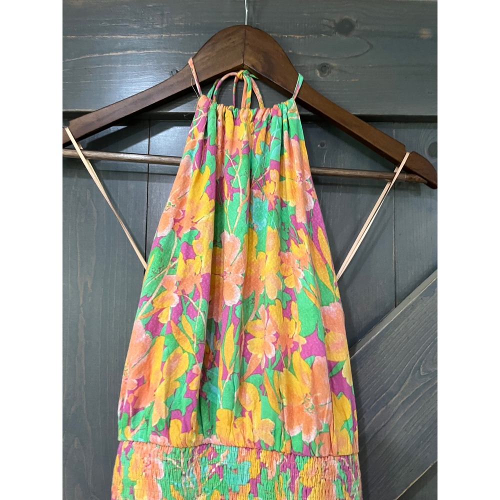 Lost + Wander Peach Multi Floral Halter Smocked Mini Dress Small Vacation Summer - Picture 3 of 10